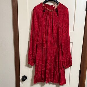 Michael Kors Red Long Sleeve Dress with Gold Chain Detail